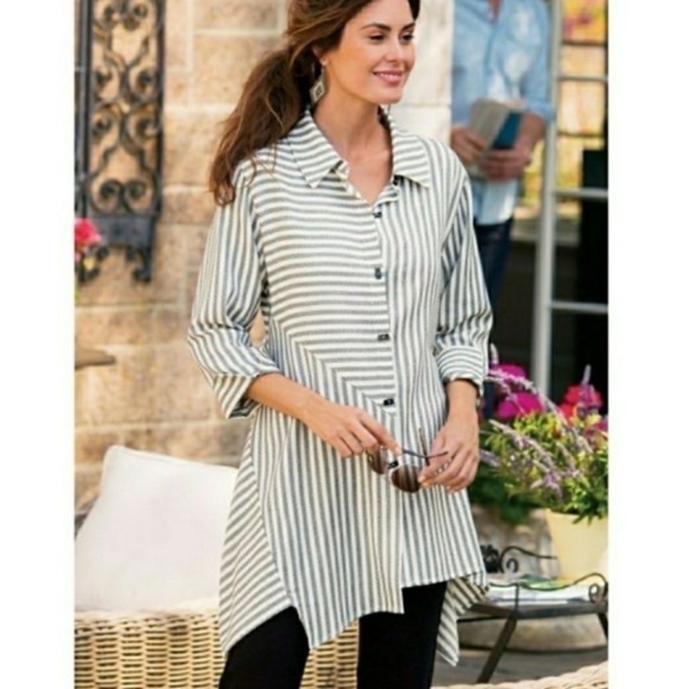 Soft Surroundings Asymmetrical Striped Button Down Tunic